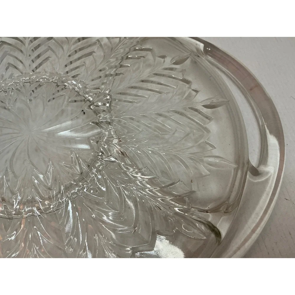 Vintage Glass Relish Tray Divided Serving Platter Feather Sunburst